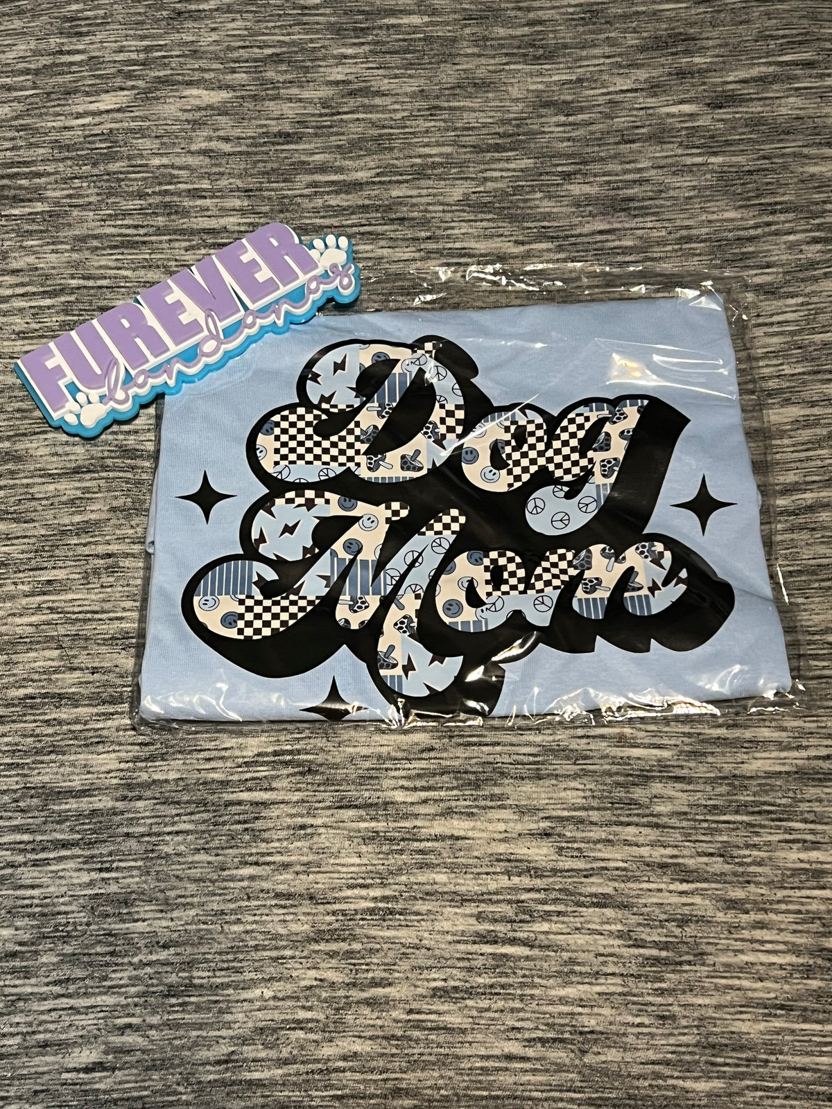 Blue Patchwork Dog Mom T Shirt